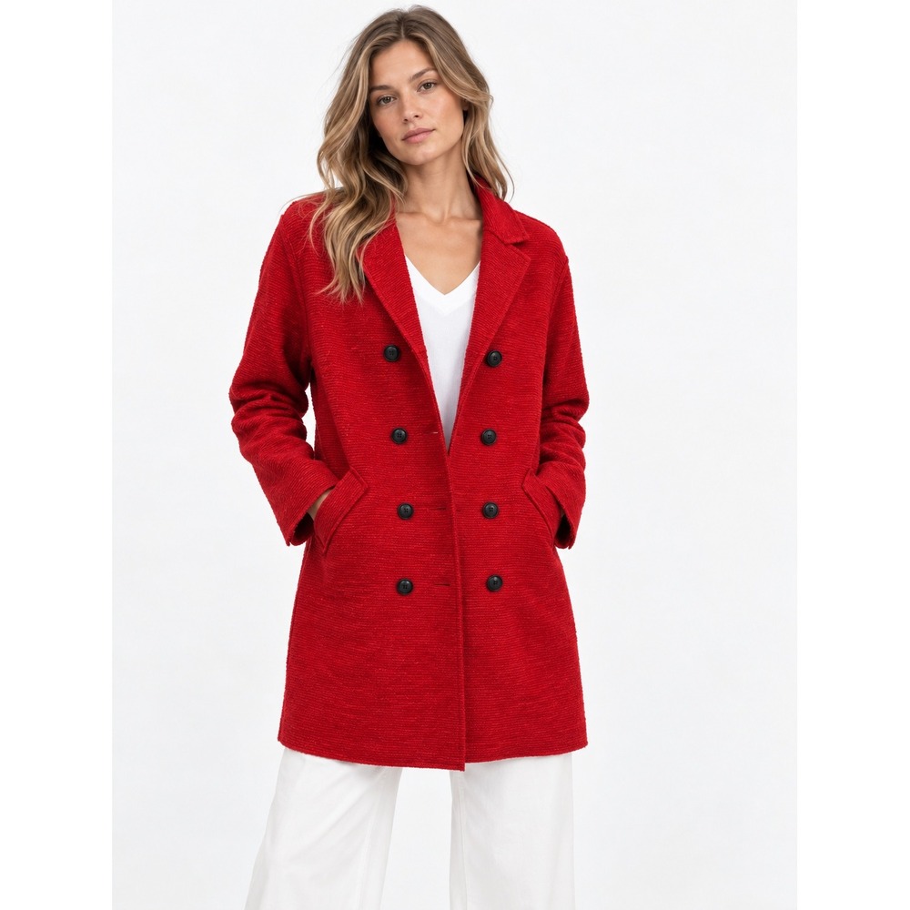 Zara Basic Red Textured Double Breasted Wool Blend Pea Coat XS Oversized NWOT